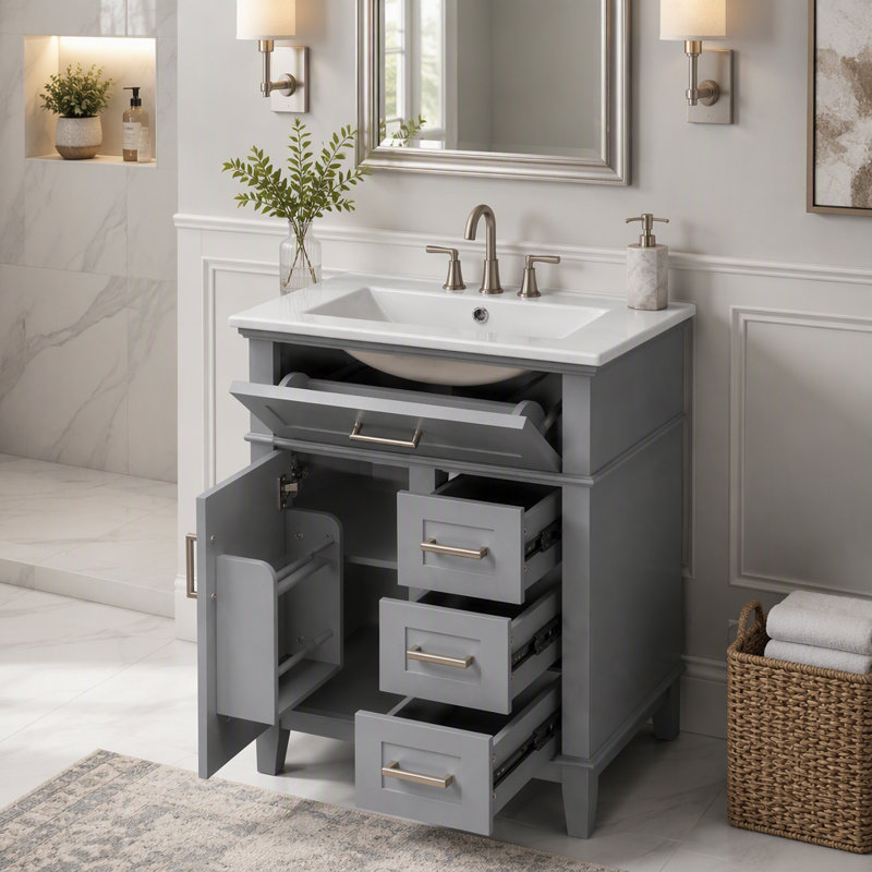Meuble-lavabo de 24 po avec lavabo en céramique, structure en bois massif et armoire en panneau de fibres à densité moyenne, 1 porte, tiroir rabattable et 3 tiroirs, charnières à fermeture en douceur, tablette réglable, poignées argentées
