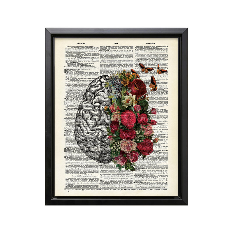 Cerveau et papillons fleuris, Cadre noir, Canevas, H 18 po x l 24 po