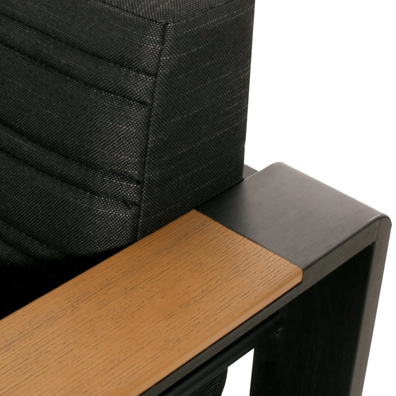 Ensemble de causeuse en V avec accoudoir à droite: 2 canapés, 1 coin, table basse. Structure en aluminium, intérieur gris foncé - doublures intérieures: deux avec surface noire, hydrofuge