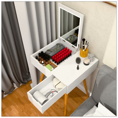 Petite coiffeuse de maquillage, bureau avec 2 tiroirs, organisateur de miroir rabattable, coiffeuse de maquillage pour chambre à coucher, vestiaire