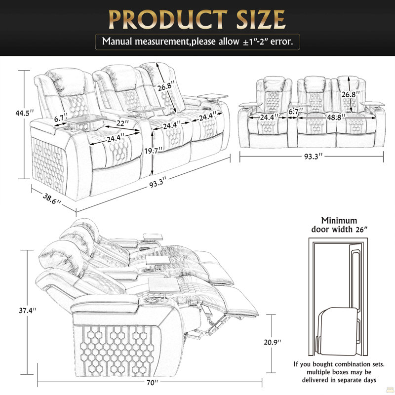 93.3"Power Recliner 3 PC Made Withtop-Grain Nappa,Fully Adjustable Relaxation,Smart Charging
