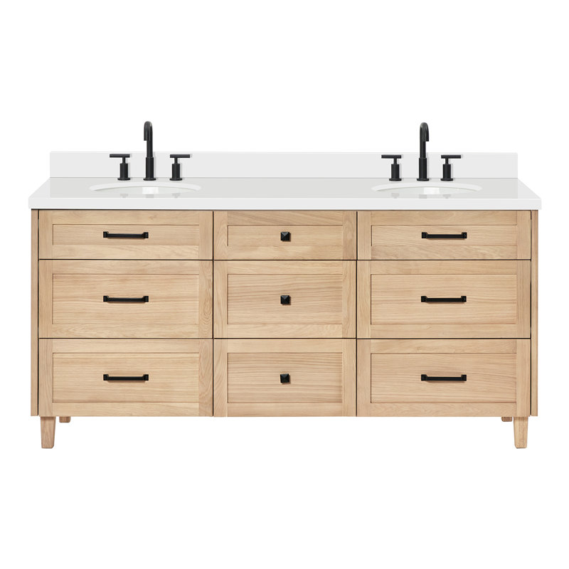 Meuble-lavabo double avec comptoir ARIEL, Chêne, 60" - 61", Quartz blanc pur