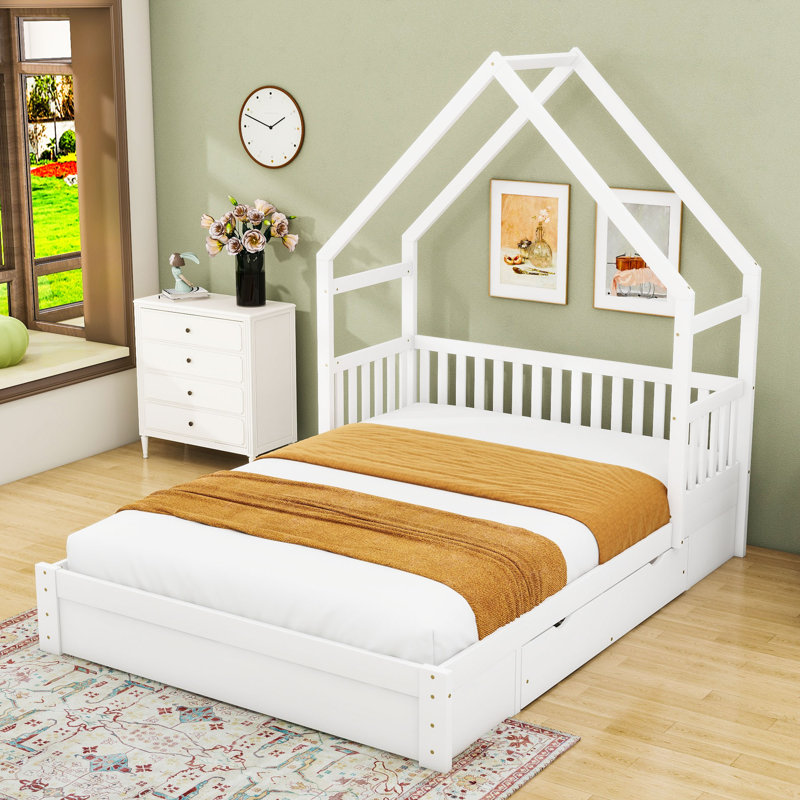 Queen Size House-Shaped Wooden Platform Bed with Storage Drawers and Guardrails, White