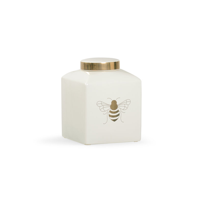 Ceramic Jar, Light Green/Gold, 9.5" H x 7" W x 7" D