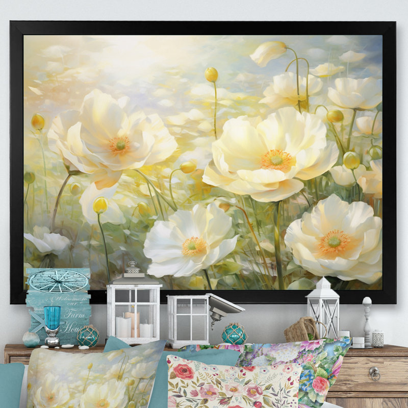 «White Yellow Buttercups Romantic Impression I», reproduction sur toile, Cadre photo blanc, H 16 po x l 32 po x P 1 po