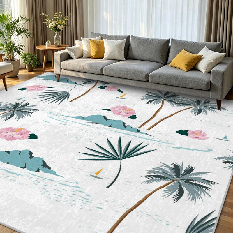 Magnifique tapis d'intérieur botanique blanc sans couture Island, Rectangle 79" x 118"