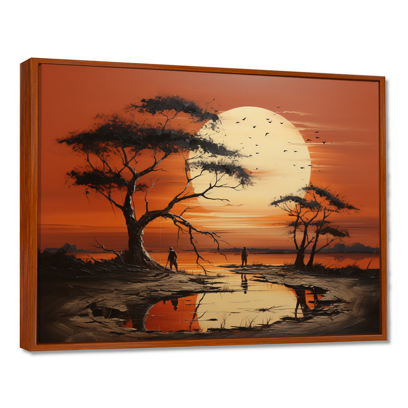 Coucher de soleil africain tribal I - art mural tribal africain, H 30 po x l 40 po x P 1,5 po, Cadre flottant brun