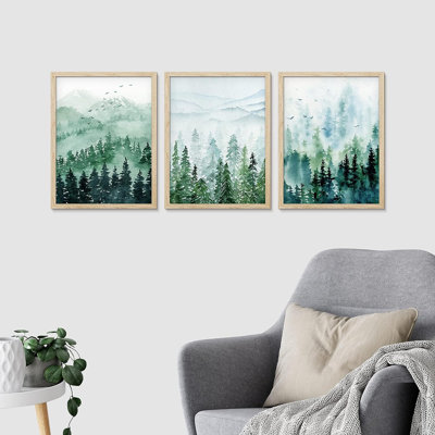 «Woodland Forest Landscape» IDÉE4WALL, art mural pin encadré, ensemble de 3 estampes aquarelles forêt pastel, décoration murale nature sauvage pour salon, chambre à coucher 3 pièces