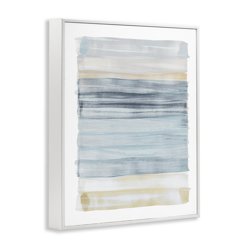 «Tranquil Blue Beige Stripes», peinture décontractée surdimensionnée, encadrée giclée par Dan Meneely, H 30 po x l 24 po