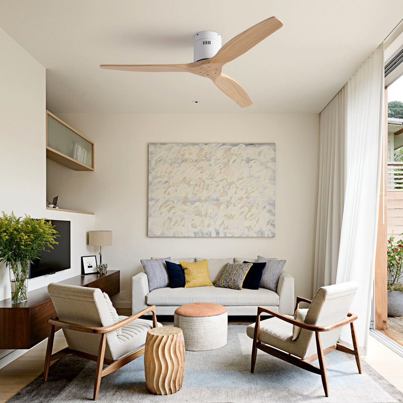 Ventilateur de plafond encastré à 3 pales de 52 po en bois sans lumière, Nickel, Bois naturel