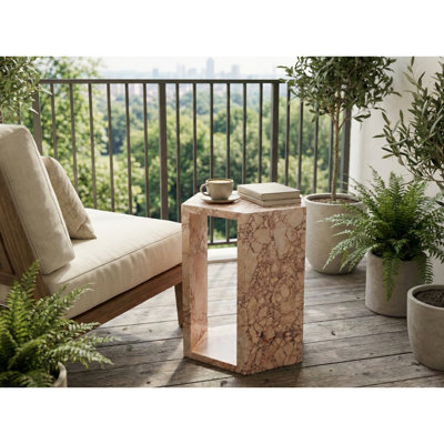 Table basse de luxe en marbre rose naturel, surface lisse, imperméable et facile à nettoyer, pied central de 16 cm de large, finition polie, hauteur 40 cm