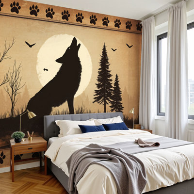 Peel and Stick Wallpaper 96" W x 69" H Modern Self Adhesive Wall Mural for Bedroom Howling Wolf Silhouette Rustic Forest Paw Print Border Vintage