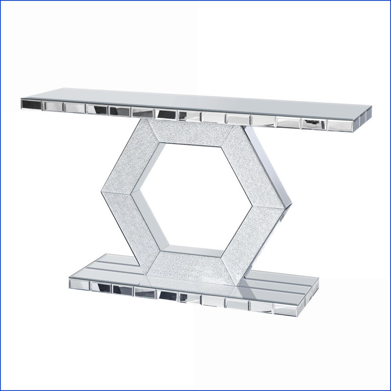 Table basse hexagonale moderne en cristal pour le salon, rangement en verre étincelant à deux niveaux L 55 po x l 14,17 po x H 31,5 po