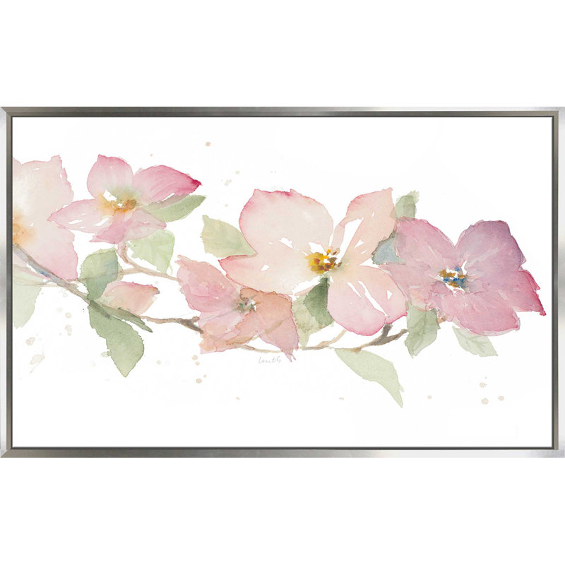 «Dogwood Branch in Navy», reproduction de peinture à l'aquarelle, H 39,5 po x l 63,5 po x P 2 po, Cadre flottant argent