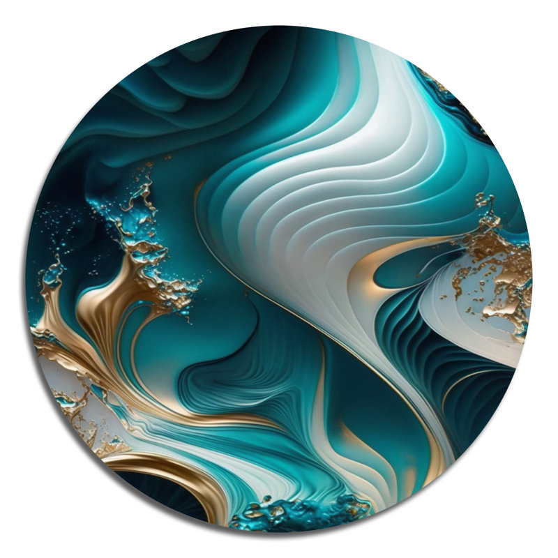 «Abstract Geode Turquoise II», art mural rond en marbre abstrait sur métal, L 29 po x H 29 po