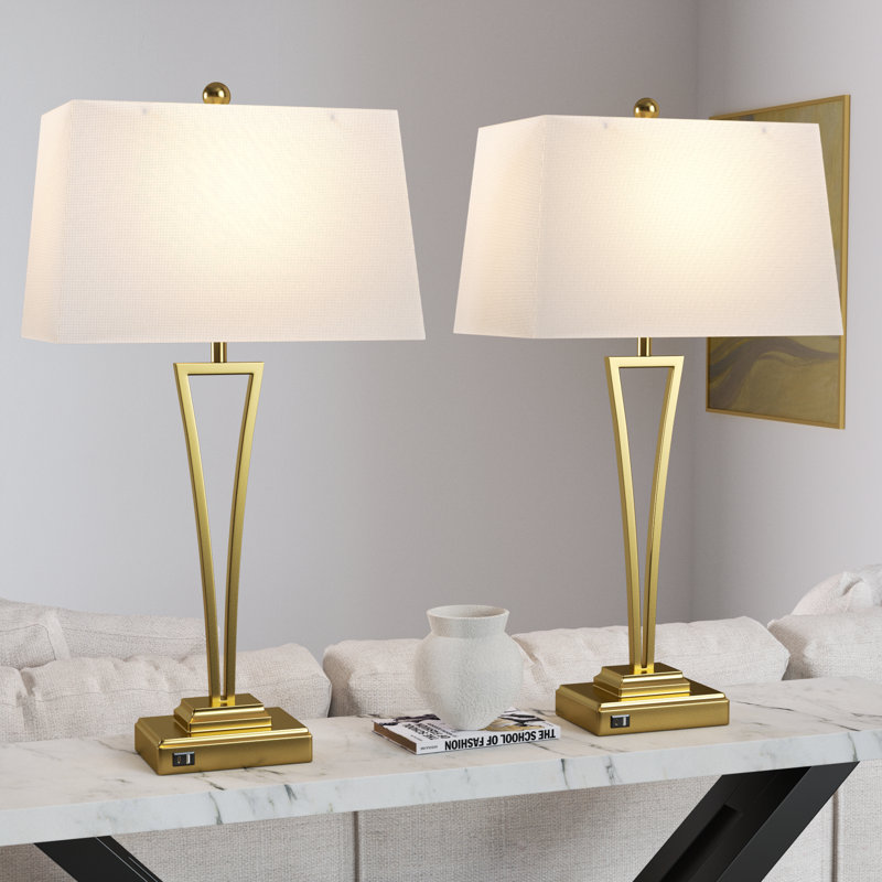 Ensemble de 2 lampes de table USB en métal Burholme 30,5 po, Or poli