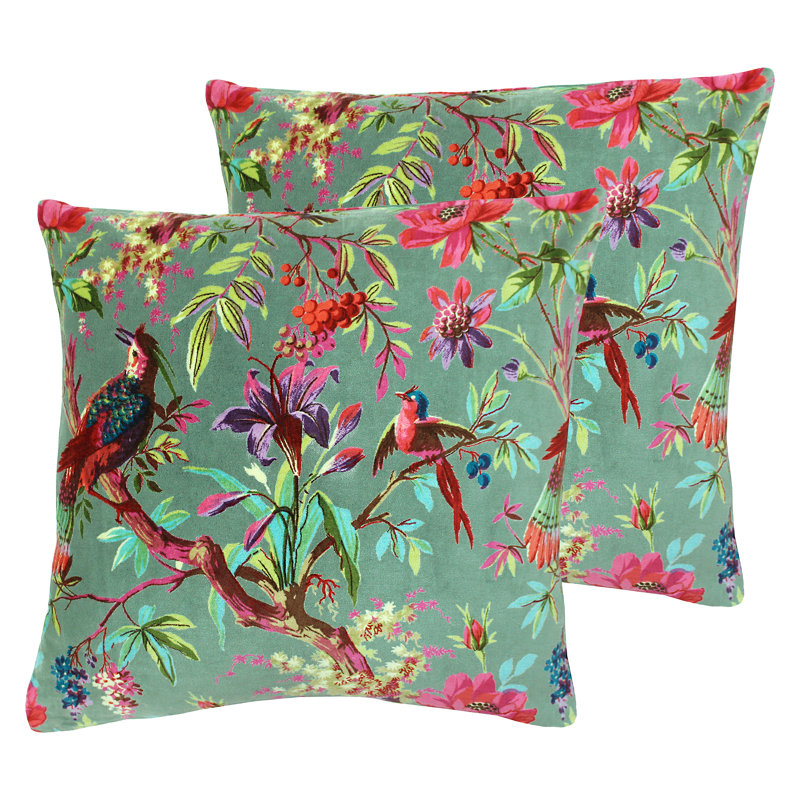  Floral Cotton Velvet Filled Cushion Twin Pack, Mineral, Polyester