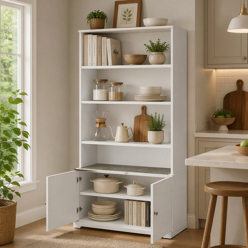 Grande armoire de rangement avec portes cannelées et plateau en faux marbre, White