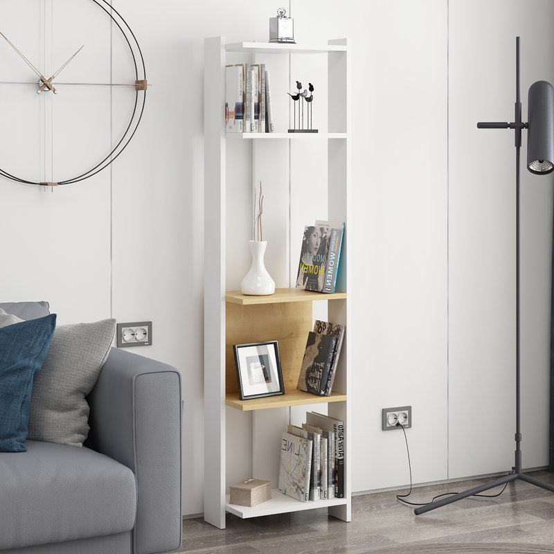 Bizzell 4 Tier Geometric Bookcase Modern Display Unit for Living Room or Home Office, 165cm H x 44cm W x 26cm D, White/Oak