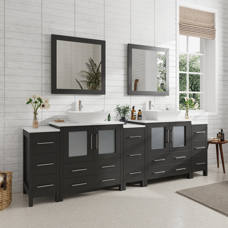 Ensemble de meuble-lavabo autoportant à double cuve 96 "avec plateau en marbre et miroirs assortis Ravenna, Espresso