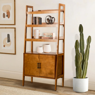 Angelith 36"W Ladder Storage Shelf Bookcase with Solid Wood Legs