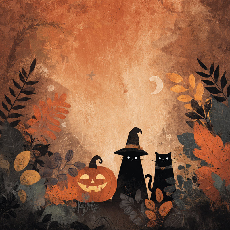 Art mural sur toile citrouille, chat de sorcière et feuilles d'automne
