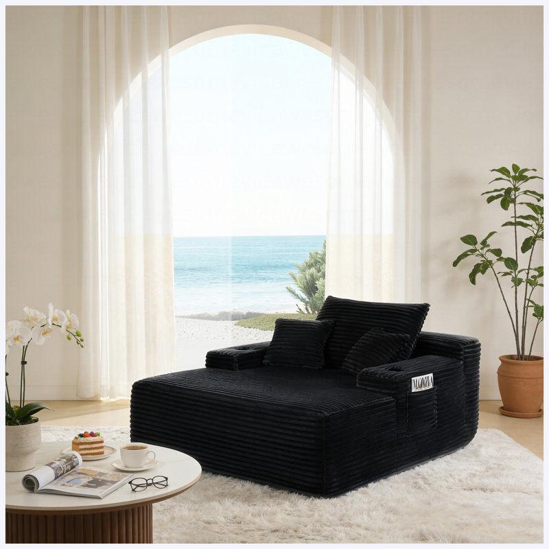Méridienne convertible en peluche, canapé-lit désossé avec accoudoirs larges, coussins décoratifs et porte-gobelet, sans assemblage requis, noir