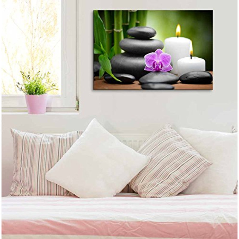 Orchidée mauve avec bougies, pierres de massage et bambou - impression sur toile tendue, H 12 po x l 18 po x 1,5 po
