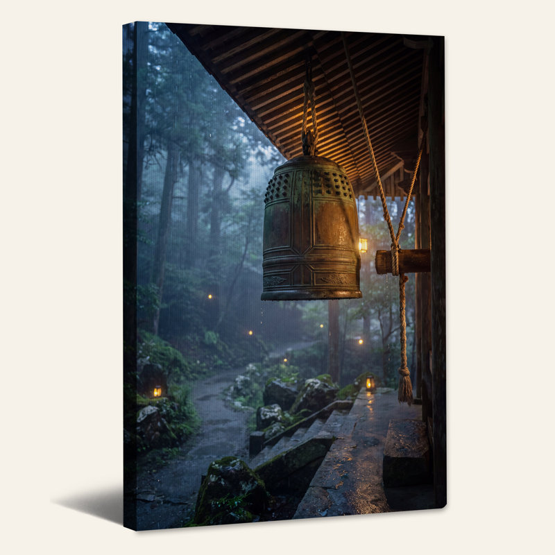 Cloche en bronze suspendue dans une forêt brumeuse, art mural, H 24 po x l 16 po