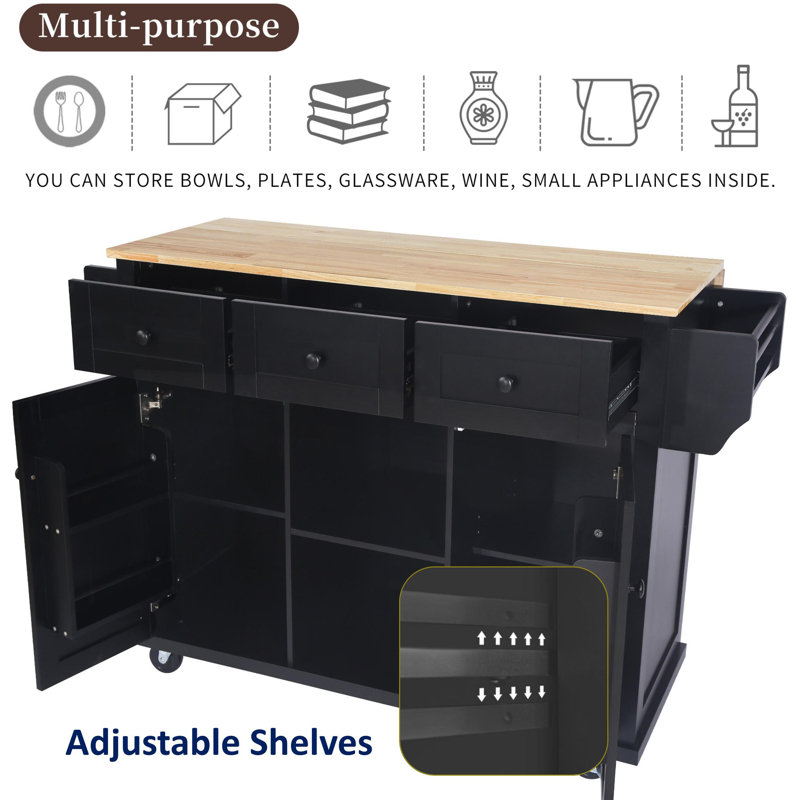 Îlot de cuisine avec comptoir rabattable, 5 roulettes, armoire de rangement, tablettes ouvertes et 3 tiroirs