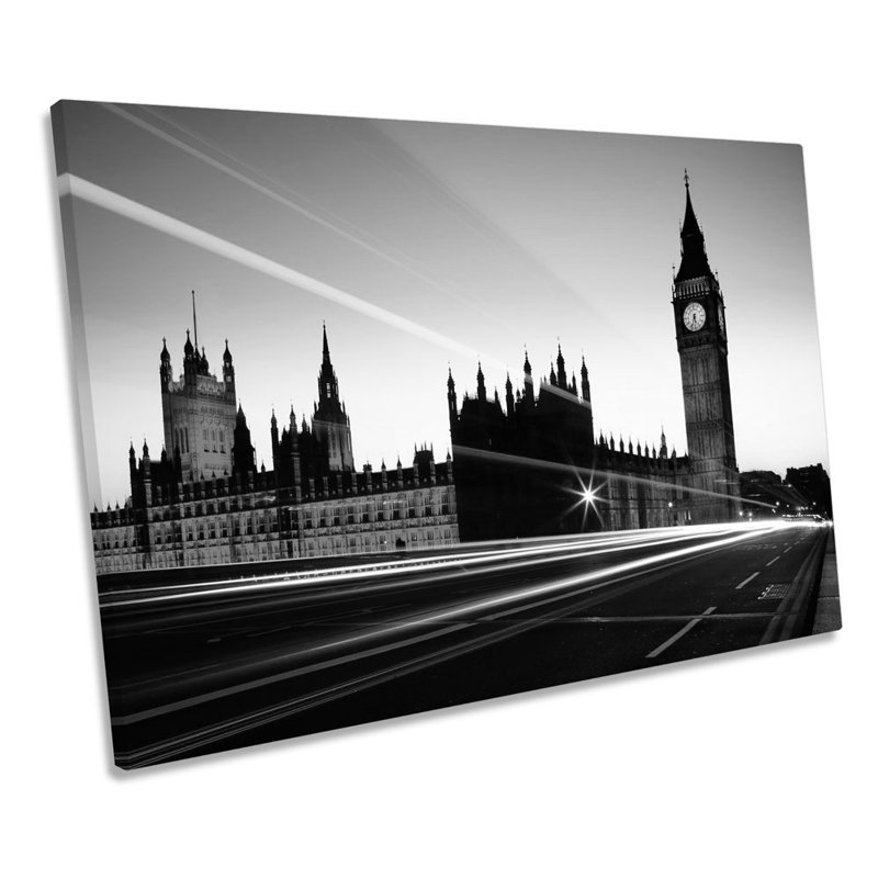 London City Night Big Ben Landmark B&W - Wrapped Canvas Print, 50.8cm H x 76.2cm W x 2cm D