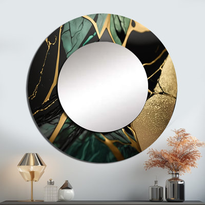 Portlyn - abstrait géode verte III - miroir unique en marbre, grand miroir mural rond moderne, impression d'art en métal
