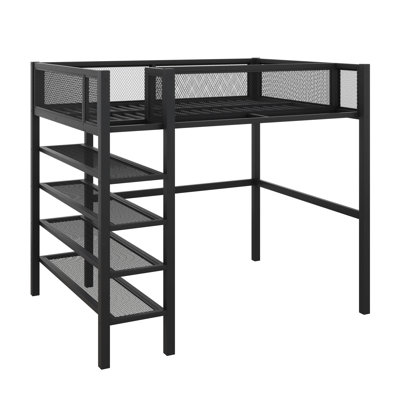 Lit mezzanine en métal avec tablettes à 4 niveaux et rangement