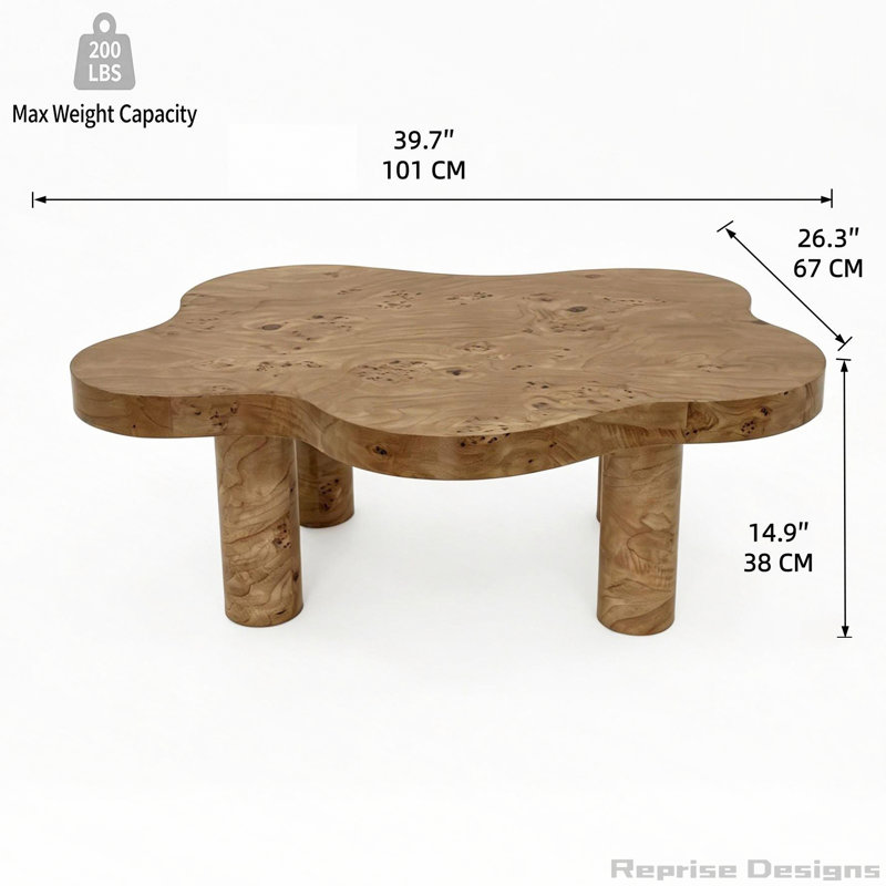 Table basse de 40 pouces en forme de nuage avec 4 pieds ronds, convenant aux salons, Bois naturel