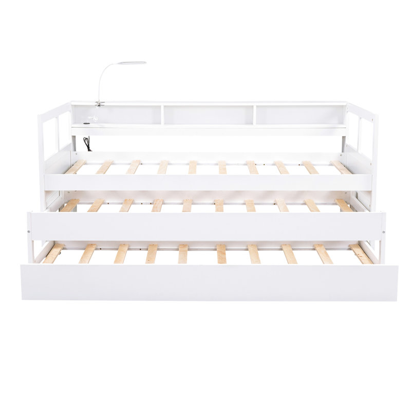 Lit de jour simple blanc TG, 2 lits gigognes, 3 rangements, et bois stable