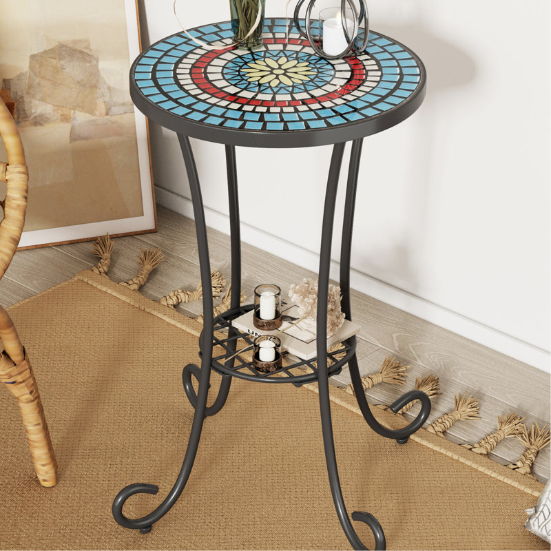Table d'appoint en carreaux de céramique bleue et noire avec tablette, pieds en fer, l 14 po de profondeur x 21,18 po de hauteur, diamètre de pièce de décoration polyvalent, haut et élégant