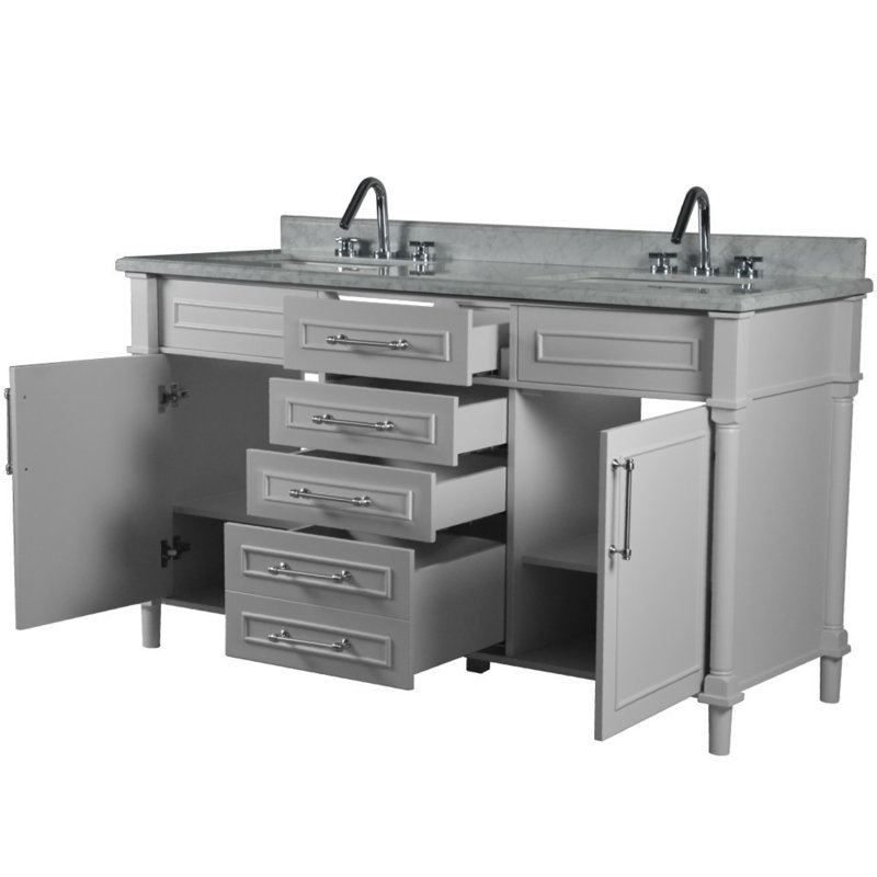 Meuble-lavabo double 60 po avec plateau en marbre de Carrare blanc, Gris clair