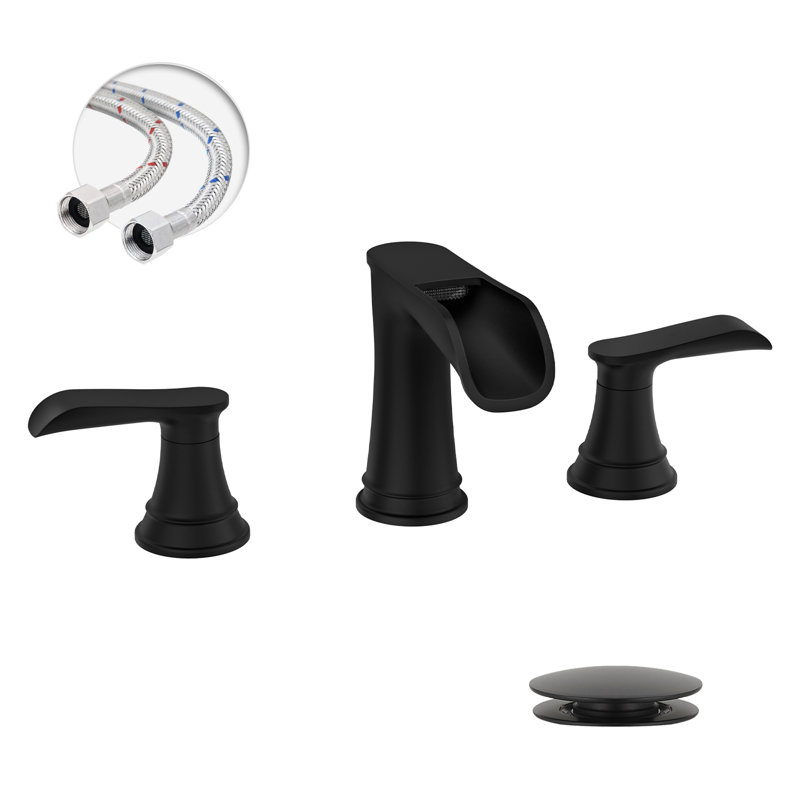 8 po Robinet de salle de bain à 2 poignées Waterfall avec drain escamotable, Noir mat