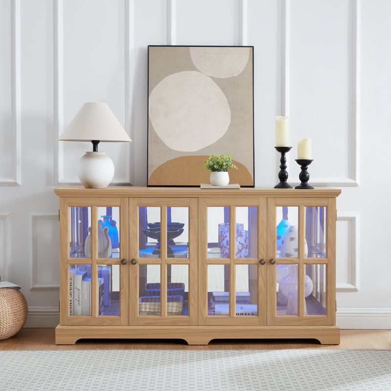LED Curio Display Cabinet With Glass Doors, Antique Display Case With Adjustable Shelves For Collectibles, Four Door Design Vintage Showcase For Home Office, Cherry