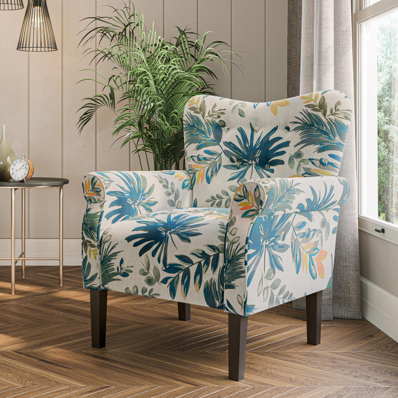 30.3" Wide Tufted Upholstered Armchair, Blue Floral Linen