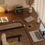 Noyer clair + bureau en bois massif en forme de L noir + fer-109556931