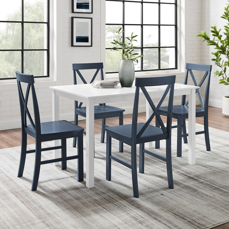 5 - Piece Dining Set with X-Back Chairs, White/Navy Blue