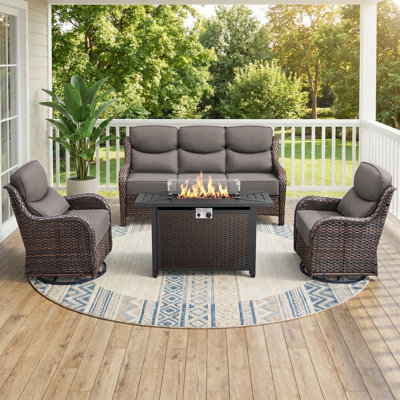 Abbey 4-Piece Wicker Patio Conversation Set With Fire Pit Table & 6-Inch Luxury Cushions Swivel Chairs