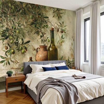 Papier peint adhésif à peler et à coller avec branches d'olivier et de plantes vertes H 100 po x l 144 po, papier peint amovible en PVC, adhésif mural pour chambre à coucher, bureau à domicile