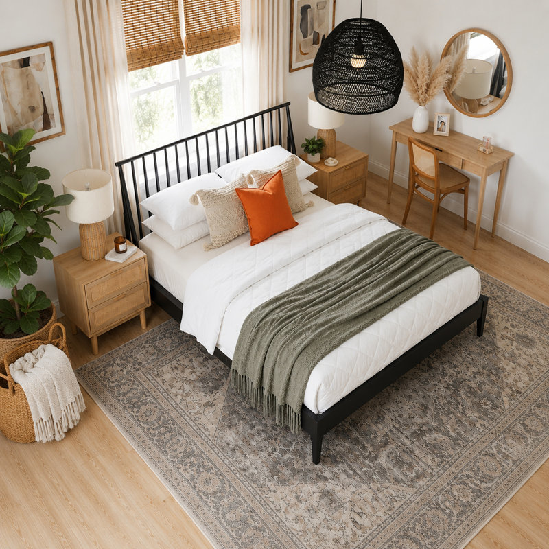 Lit plateforme moderne style Mid-Century avec tête de lit à broche Boho avec tête de lit haute de 46,5 po, cadre de lit en bois de bambou massif avec lattes de bois et support en métal, aucun sommier nécessaire, noir, très grand