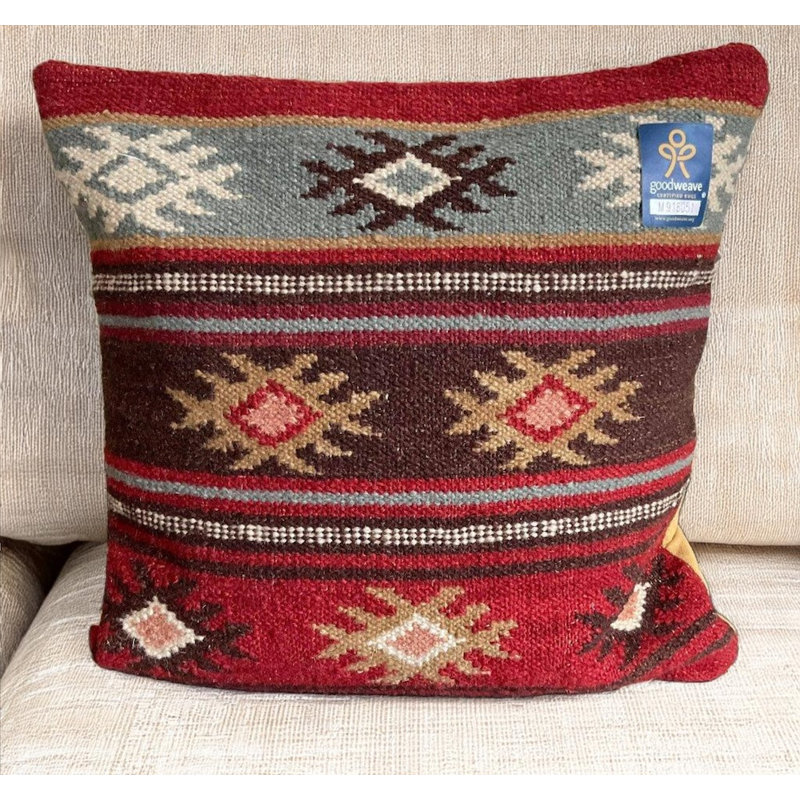 Zanskar Kilim Cushion Cover in Rich Red Multi Colour Geometric Pattern, 45cm x 45cm