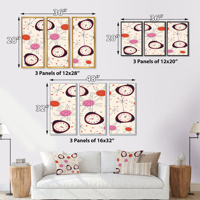 Funky Midcentury Clocks - 3 pièces, reproduction sur toile, Cadre noir, H 28 po x l 36 po x P 1 po