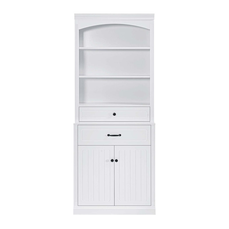Armoire de rangement blanche avec deux portes, tiroirs, tablette réglable et trois tablettes ouvertes blanches