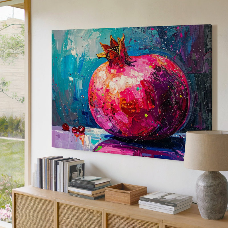 Art mural sur toile, expression de fruit de la grenade au néon avec éclat de couleur électrique, H 9 po x l 12 po