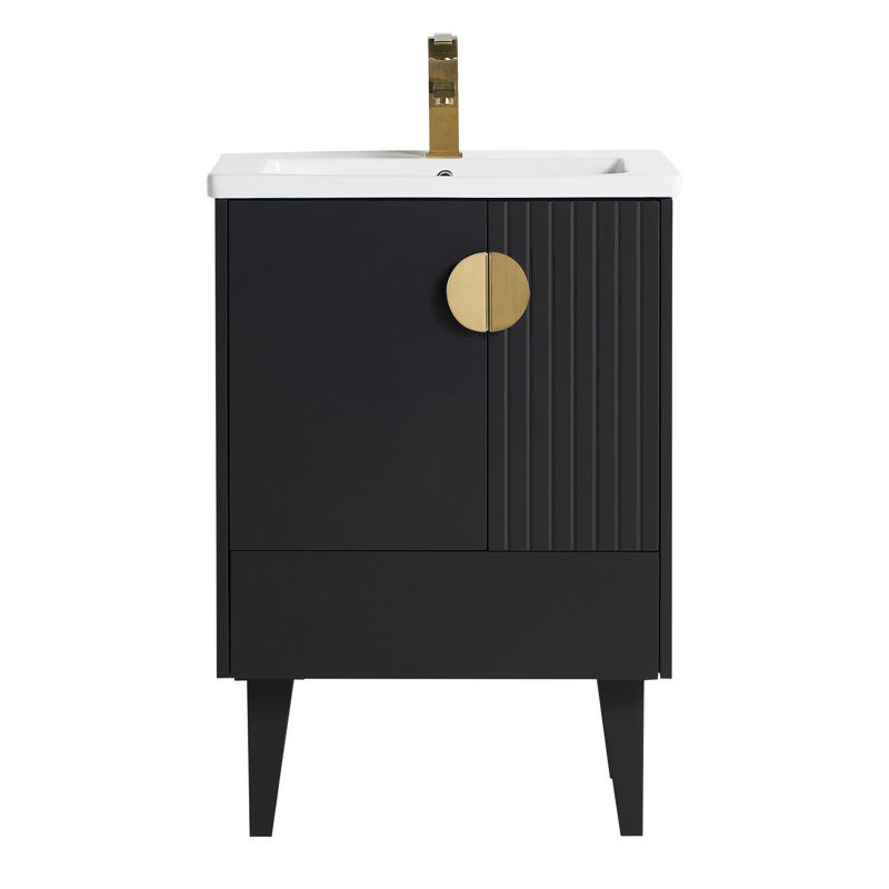 Saimah 24'' Single Bathroom Vanity with Ceramic Top, Black, Satin Brass